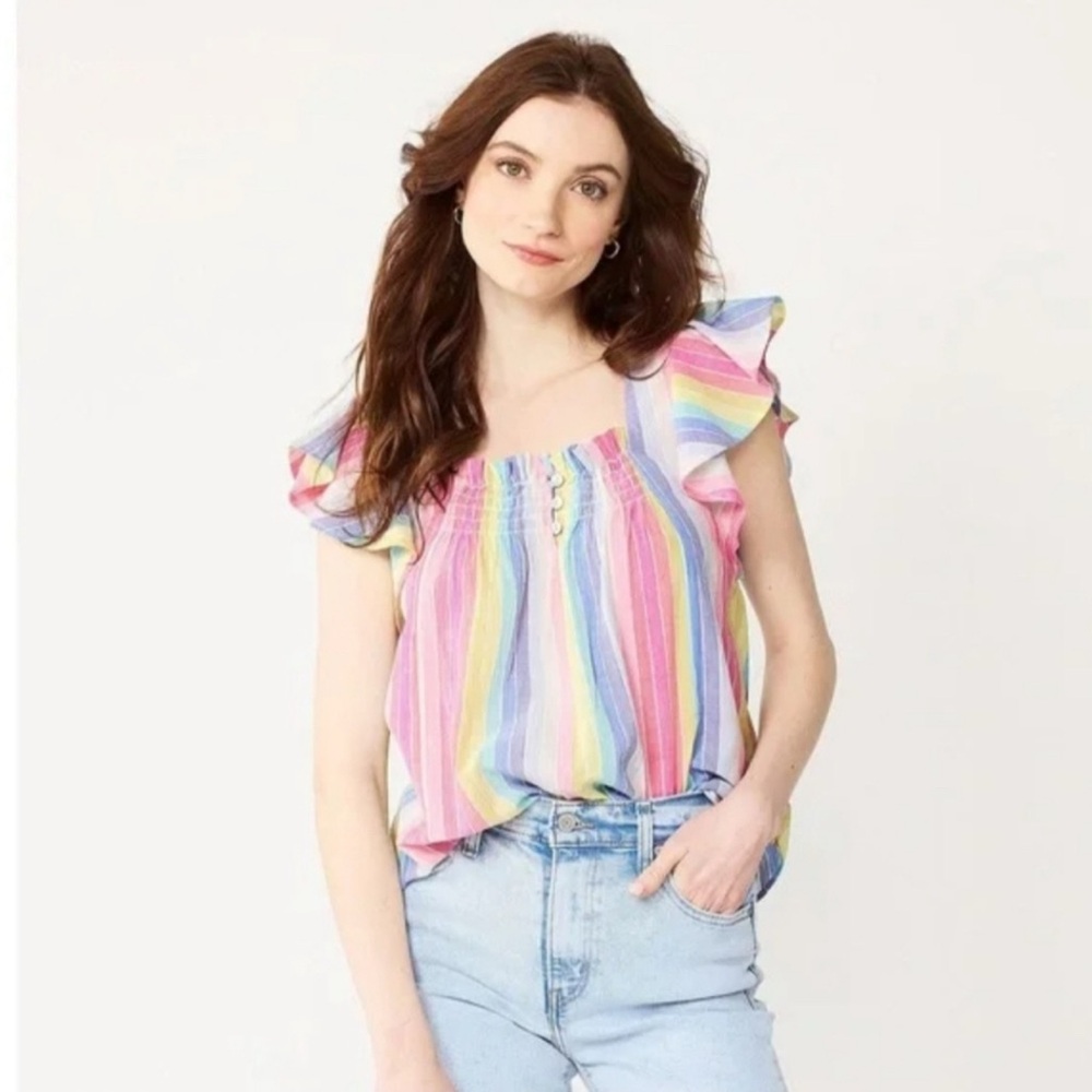 Draper James RSVP Rainbow Striped Ruffled Cap Sleeve Blouse Size XXL